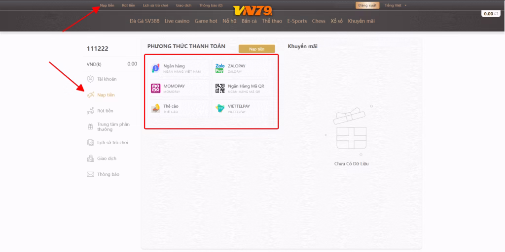 Giao diện nạp tiền tại VN79